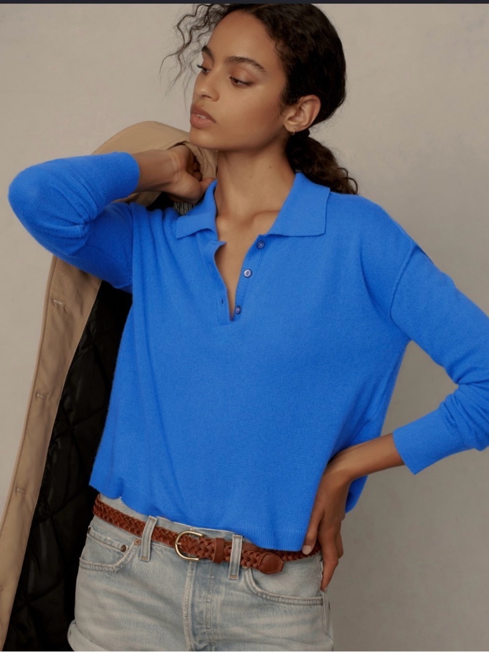 Pilcro 100% Cashmere Bright Blue Jensen Cropped Polo Sweater Anthropologi